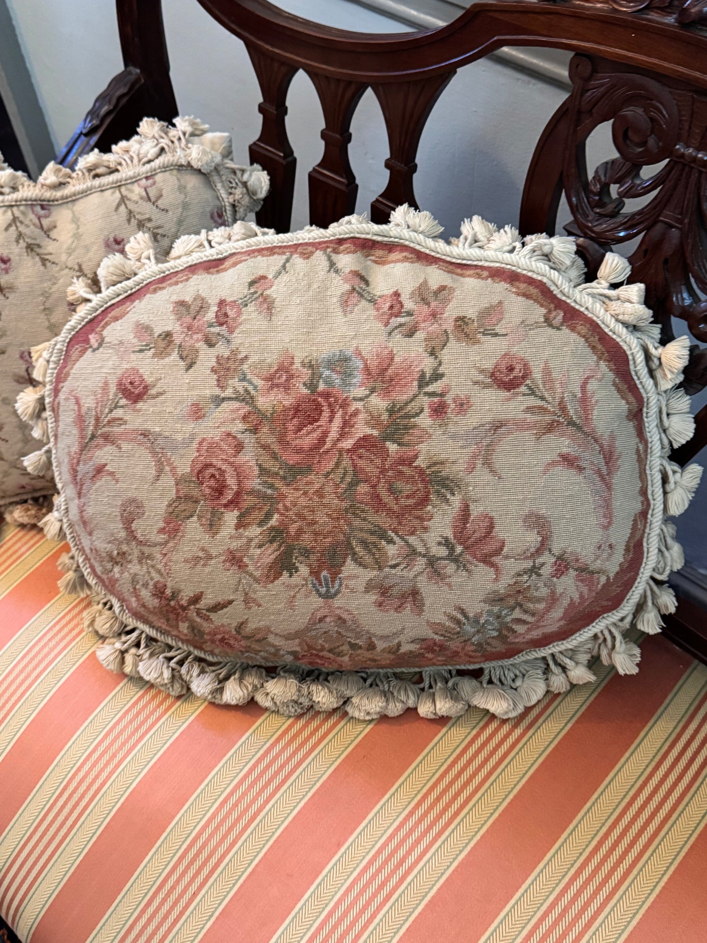 1 Large Oval Vintage Petit Point Rose Pillow 21” x 16” Velvet Back Tassel Trim