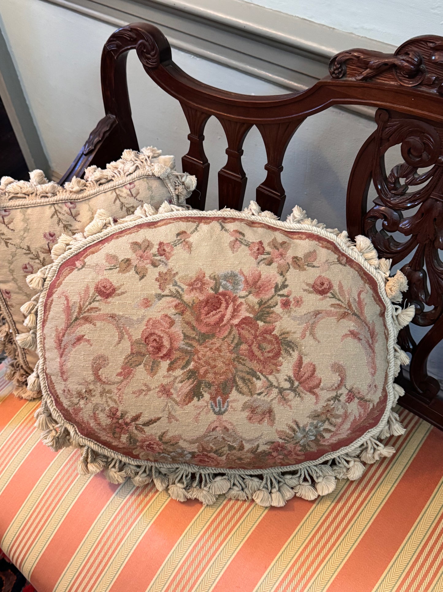 1 Large Oval Vintage Petit Point Rose Pillow 21” x 16” Velvet Back Tassel Trim