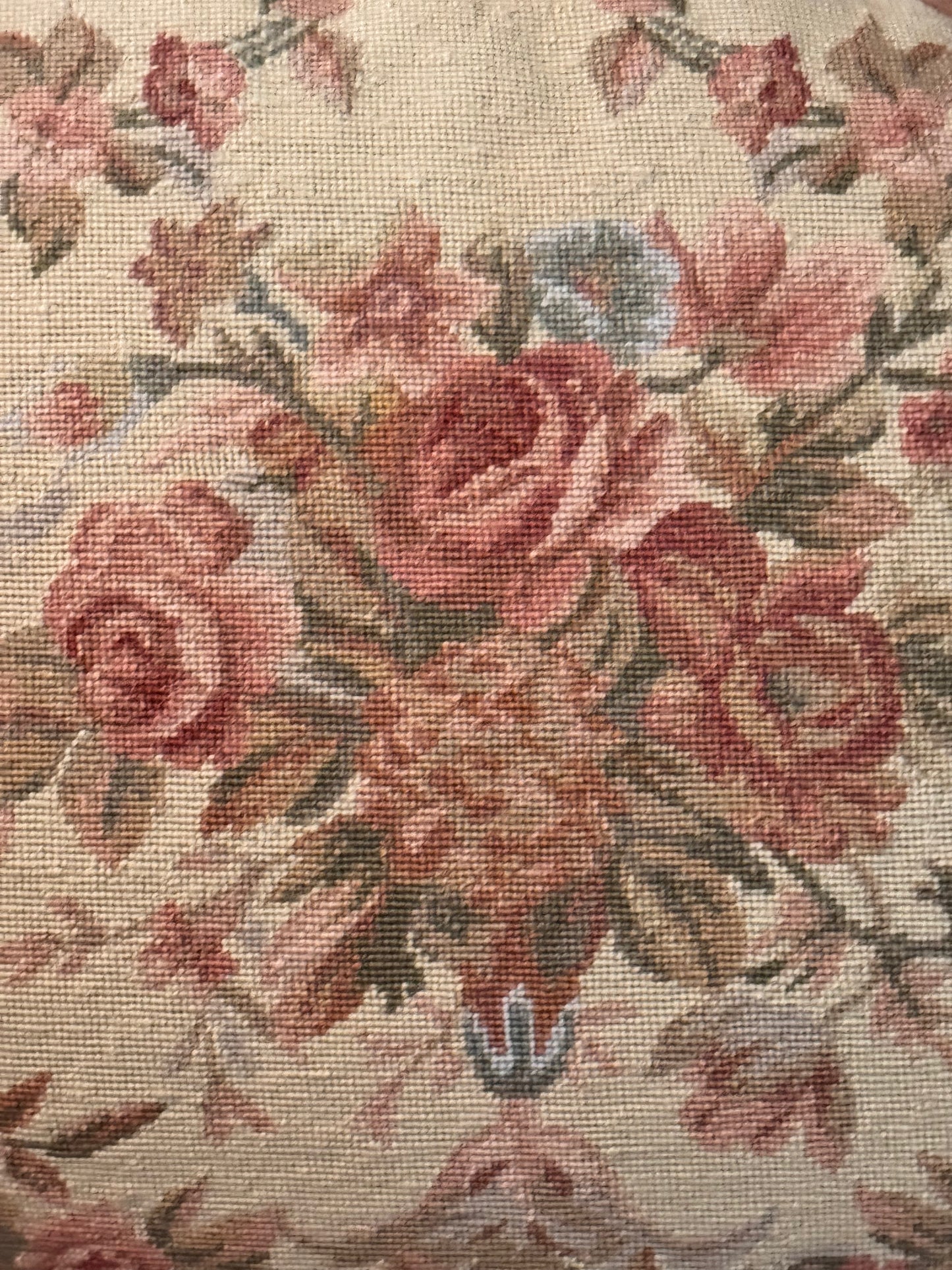1 Large Oval Vintage Petit Point Rose Pillow 21” x 16” Velvet Back Tassel Trim