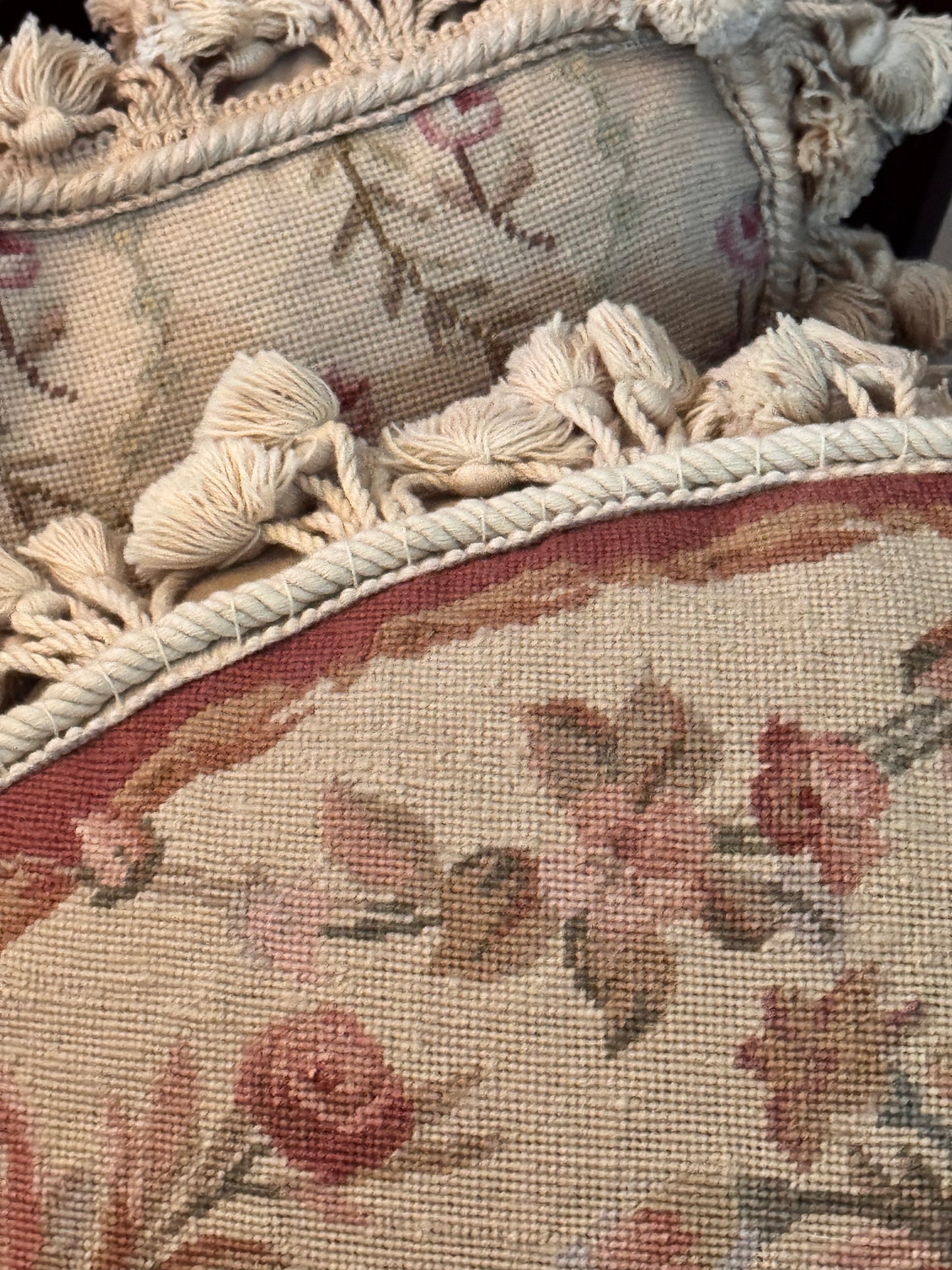 1 Large Oval Vintage Petit Point Rose Pillow 21” x 16” Velvet Back Tassel Trim