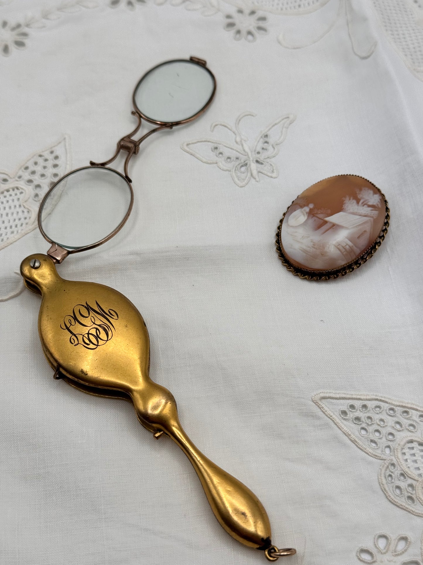 Antique Gold-Filled Lorgnette Folding Opera Glasses 4.5” Monogrammed