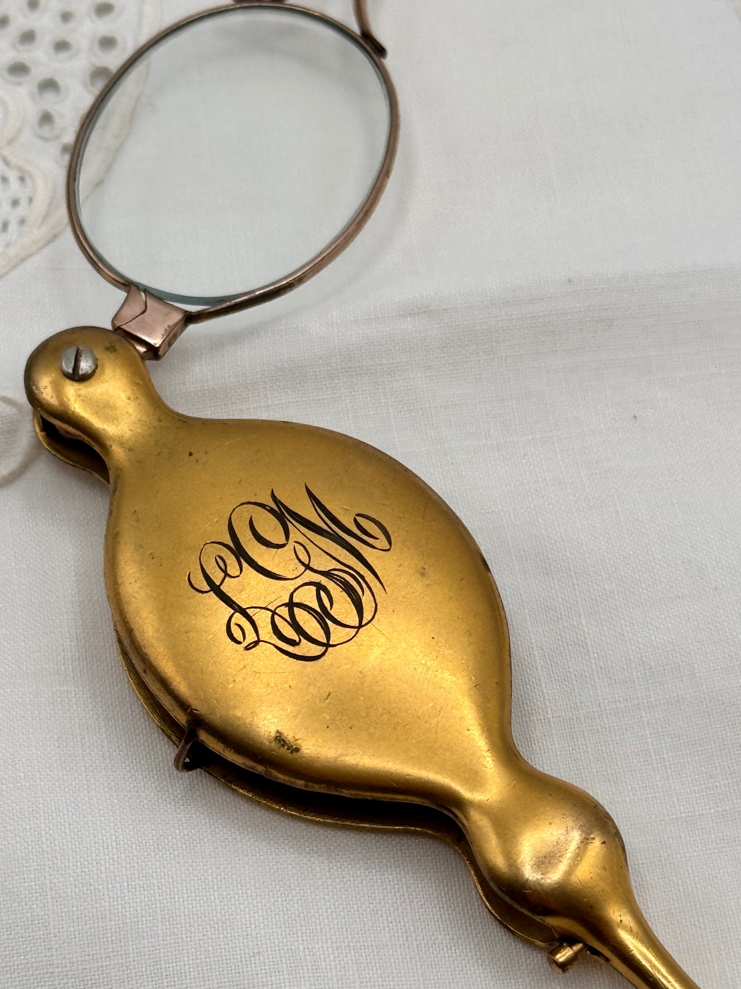 Antique Gold-Filled Lorgnette Folding Opera Glasses 4.5” Monogrammed