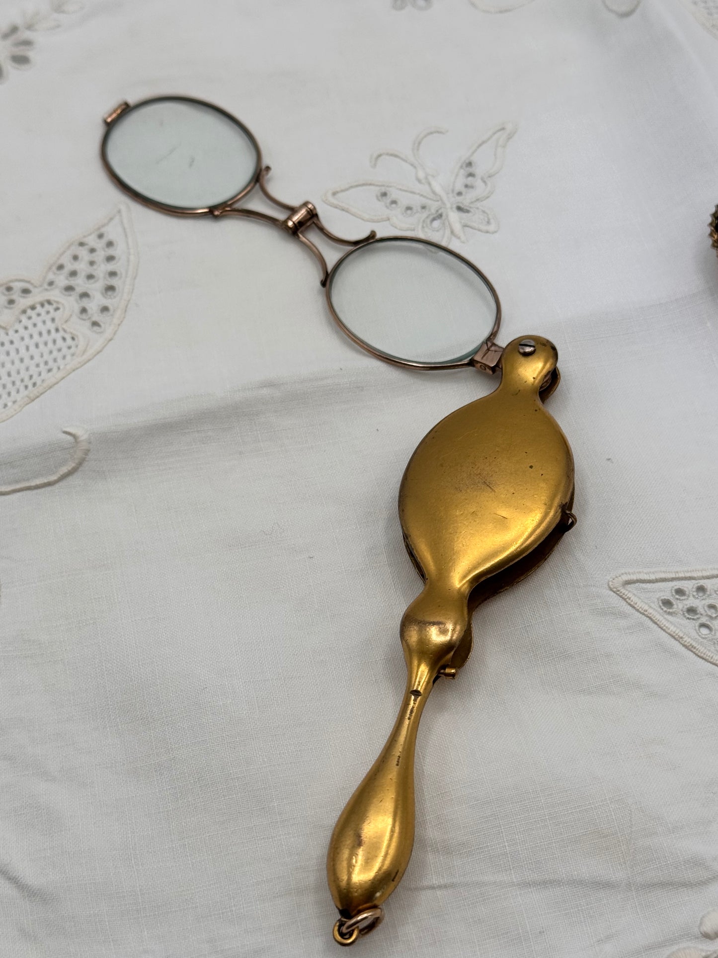 Antique Gold-Filled Lorgnette Folding Opera Glasses 4.5” Monogrammed