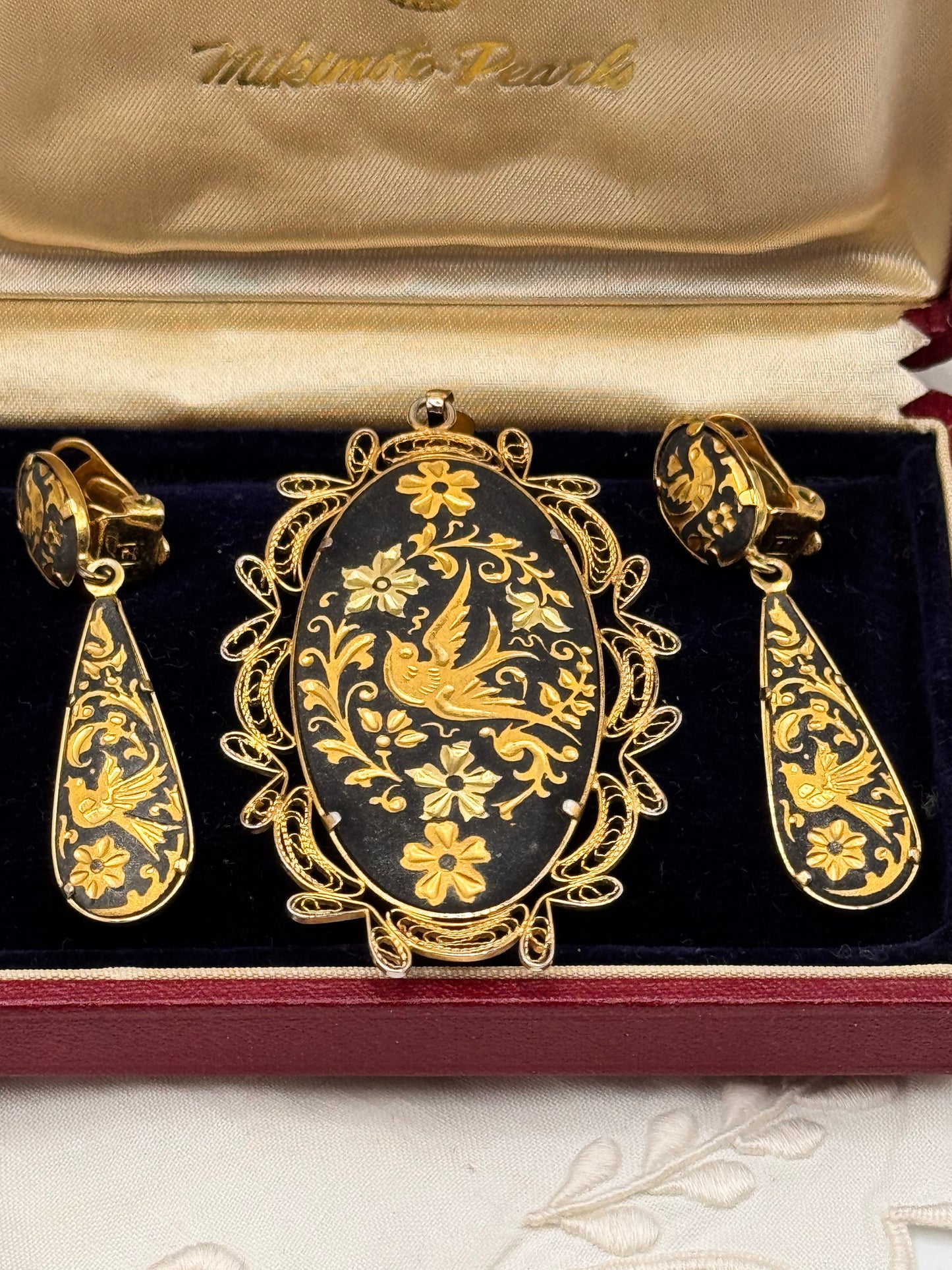 Vintage Spanish Damascene Bird Pendant & Drop Earrings Set