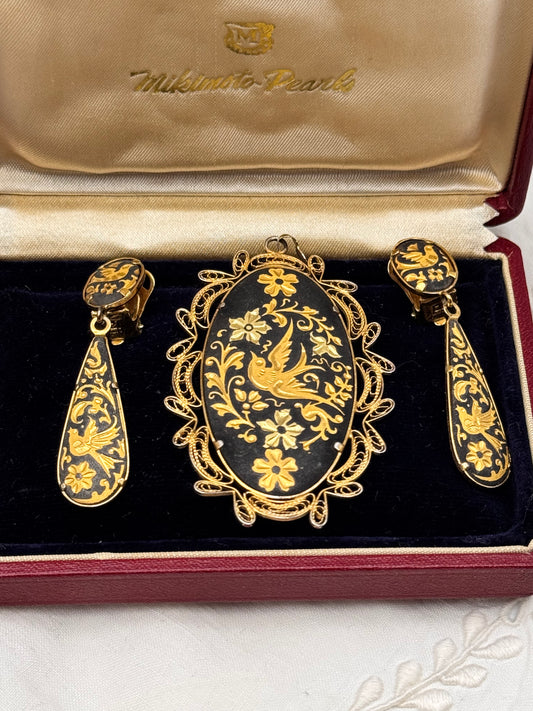 Vintage Spanish Damascene Bird Pendant & Drop Earrings Set