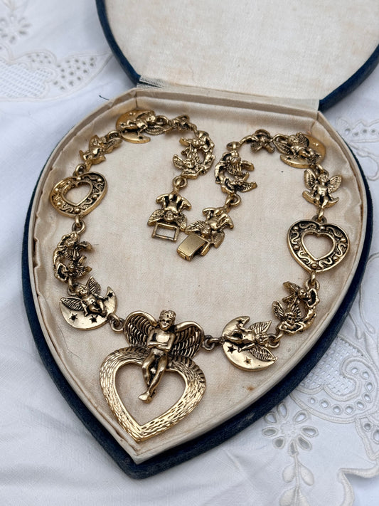 Vintage Gold Tone Cupid & Heart Charm Necklace 17” Cherubs Moons Stars Love Motifs