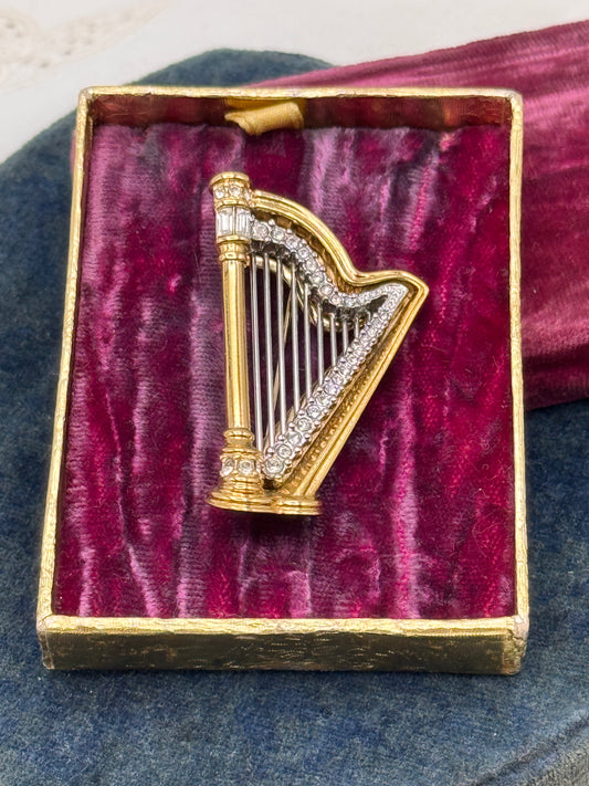Swarovski Harp Brooch Gold Tone Crystal Pavé Musical Instrument Pin 2” Vintage