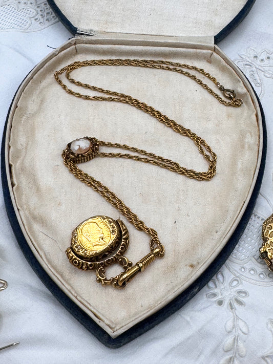 Vintage Goldtone Napoleon Faux Fob Watch Lariat Necklace Cameo Slide 22.5” Fob Drop 5.5”