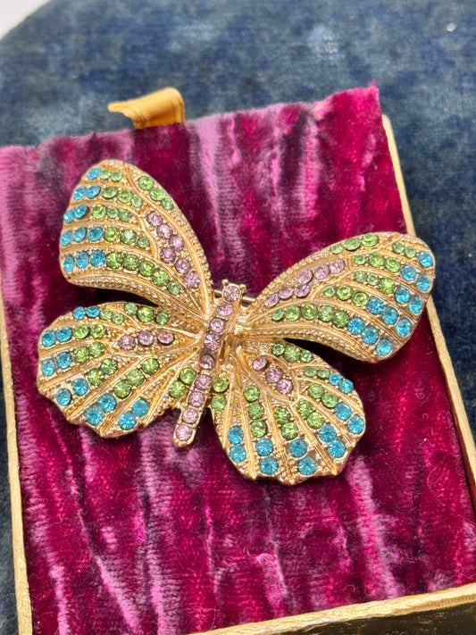 Vintage Butterfly SIGNED Monet Brooch Gold Tone Pink Green Blue Rhinestone 2”