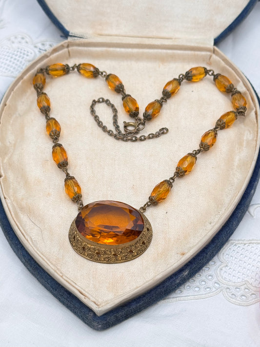 Vintage Czech Art Deco Amber Glass Pendant Necklace 18.5”