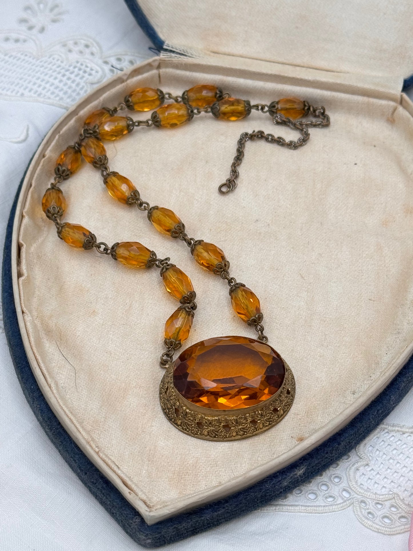 Vintage Czech Art Deco Amber Glass Pendant Necklace 18.5”