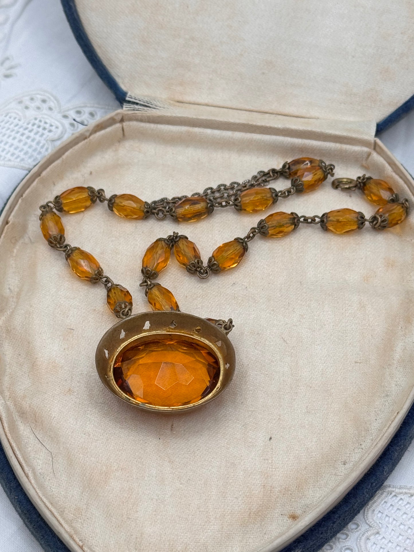 Vintage Czech Art Deco Amber Glass Pendant Necklace 18.5”