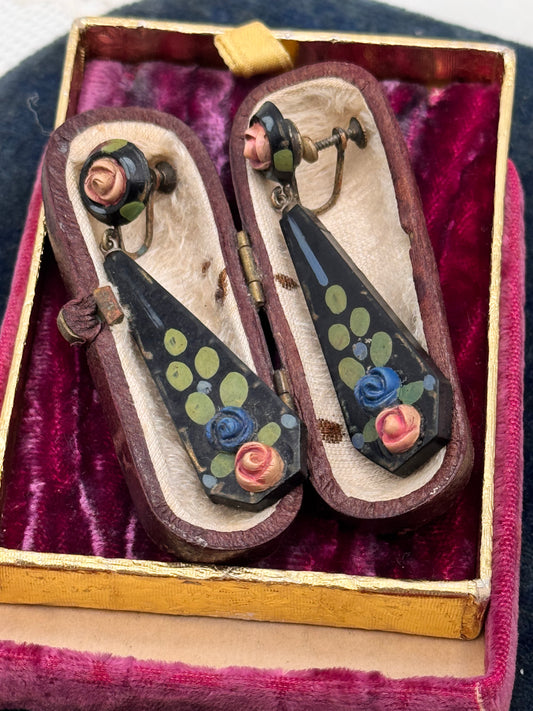 Vintage Hand-Painted Floral Drop Earrings Roses – Early Plastics