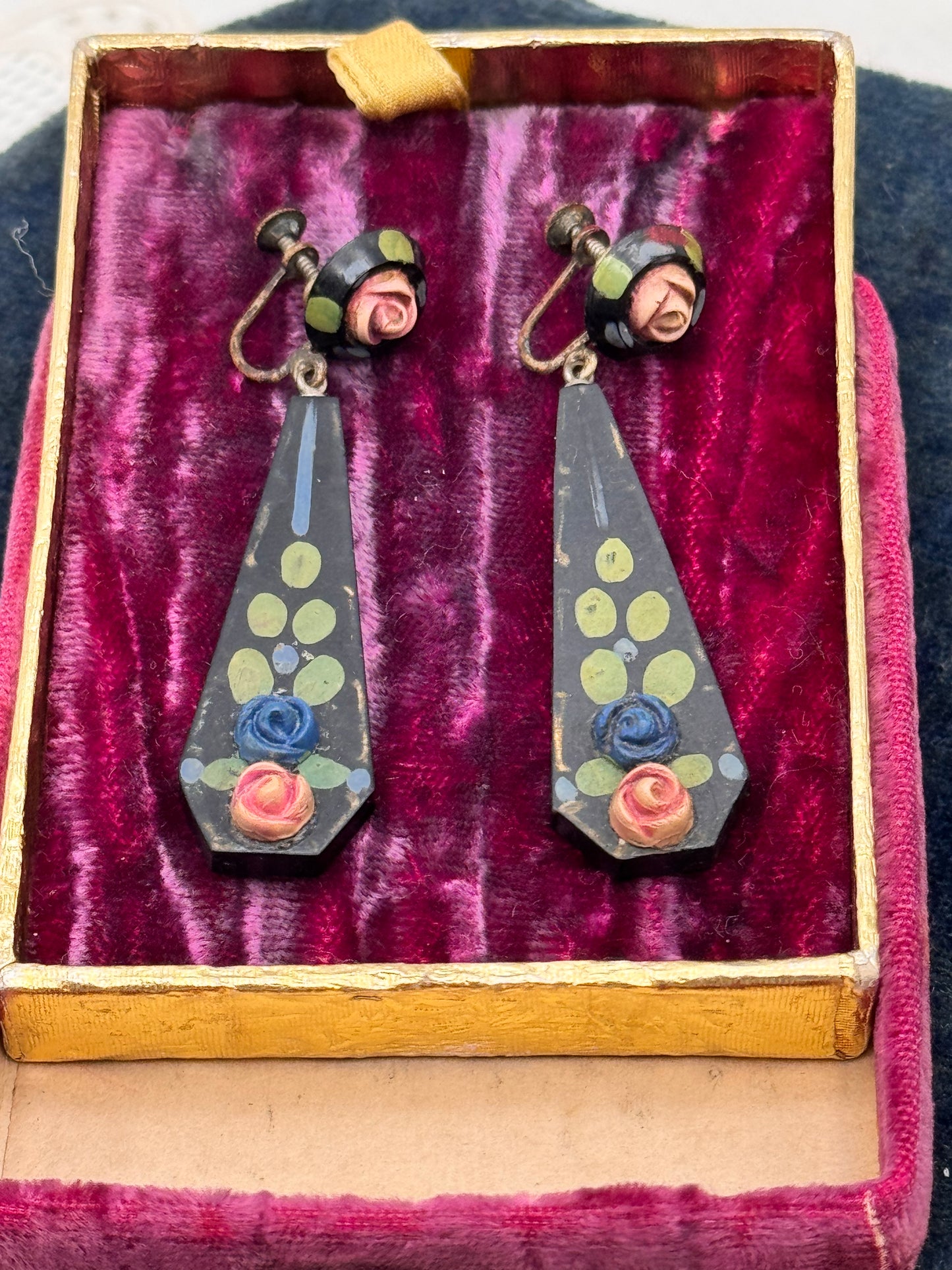 Vintage Hand-Painted Floral Drop Earrings Roses – Early Plastics