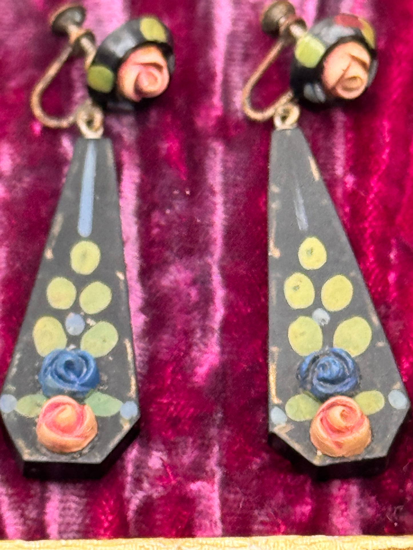 Vintage Hand-Painted Floral Drop Earrings Roses – Early Plastics