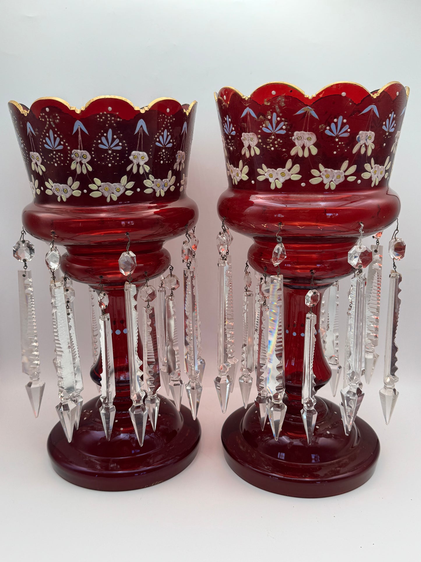 Pair of Victorian Cranberry Glass Mantle Lusters with Prisms – 15” Antique