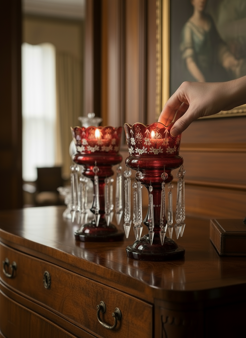 Pair of Victorian Cranberry Glass Mantle Lusters with Prisms – 15” Antique