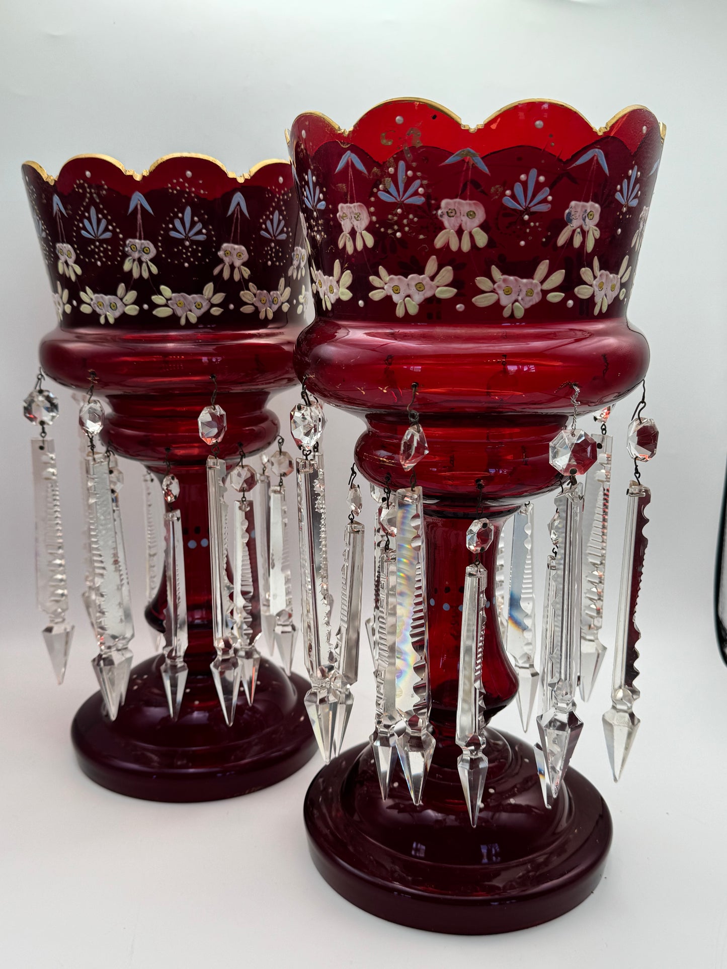 Pair of Victorian Cranberry Glass Mantle Lusters with Prisms – 15” Antique