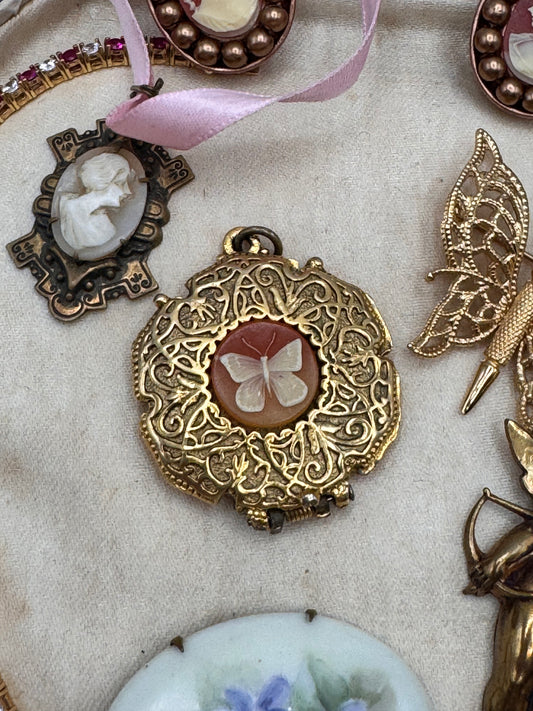 Vintage Butterfly Perfume Balm Locket Gold Tone 1.75”