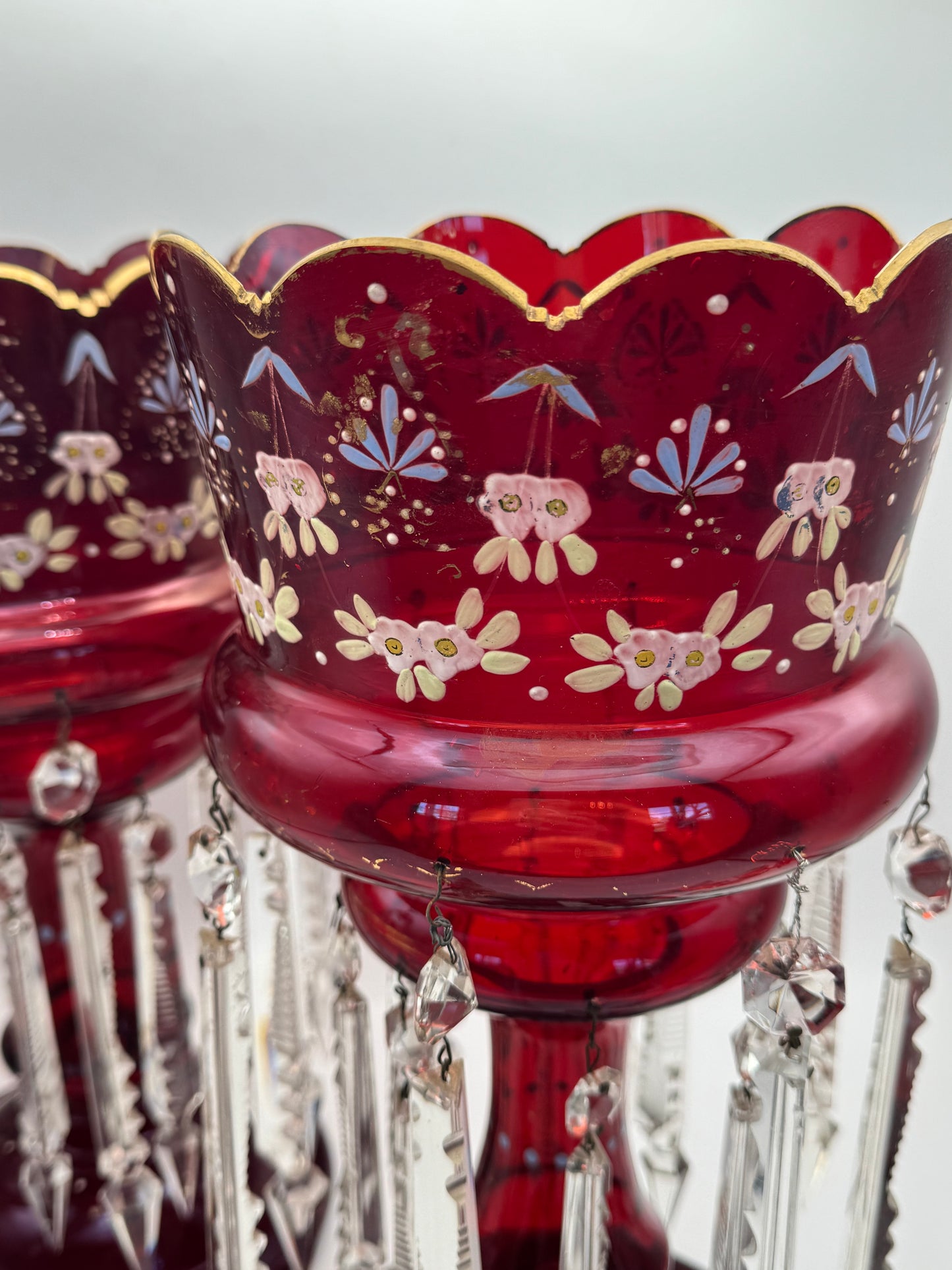 Pair of Victorian Cranberry Glass Mantle Lusters with Prisms – 15” Antique