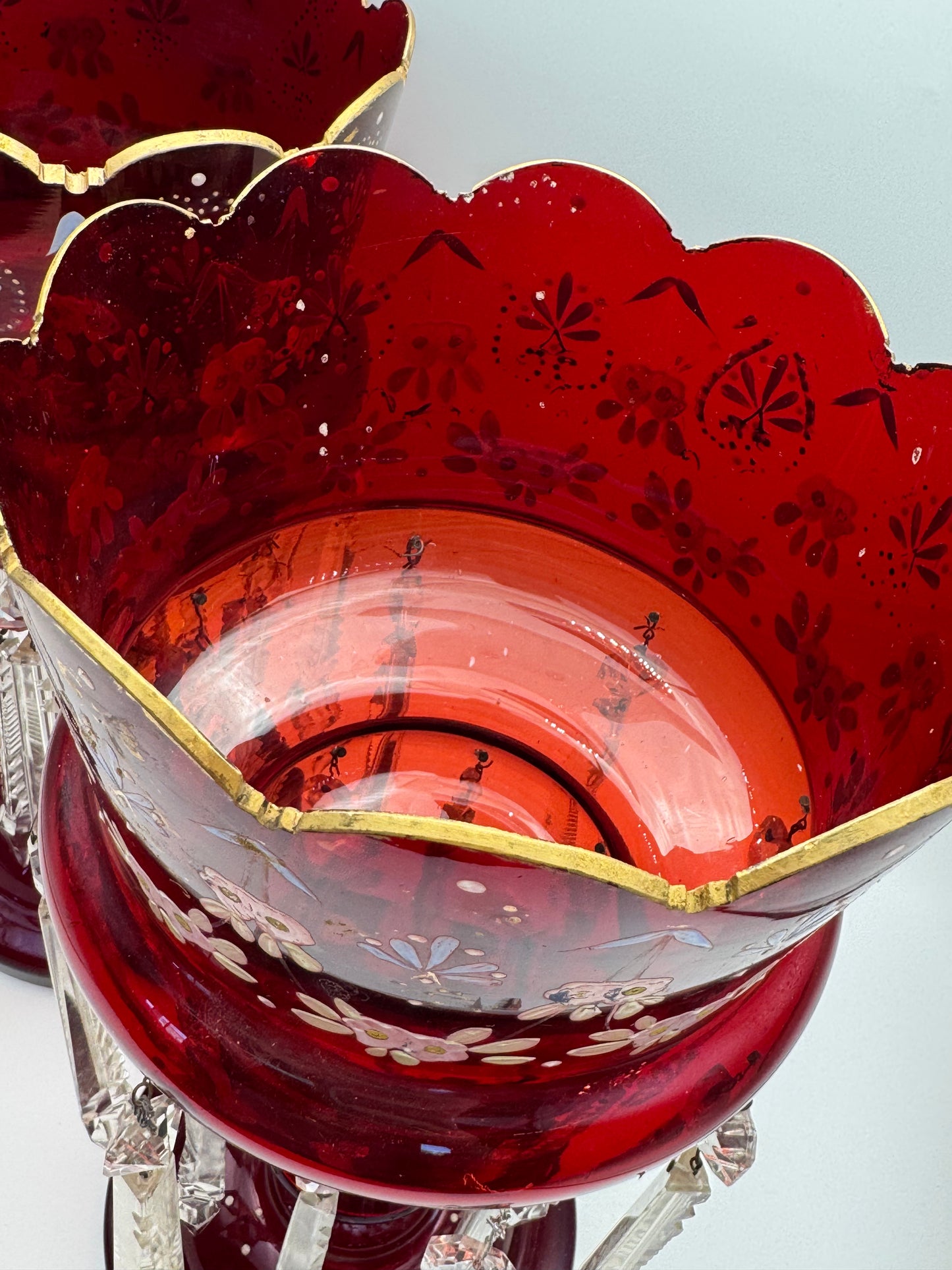 Pair of Victorian Cranberry Glass Mantle Lusters with Prisms – 15” Antique