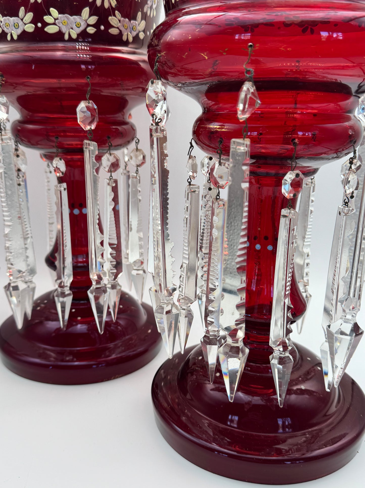 Pair of Victorian Cranberry Glass Mantle Lusters with Prisms – 15” Antique