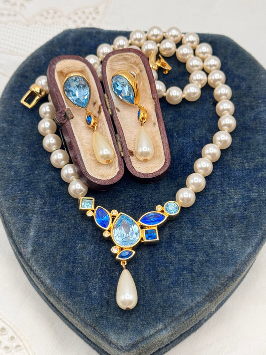 Vintage Swarovski Crystal Pearl Necklace & Earring Set Blue Rhinestone Gold Tone 17” w/tag