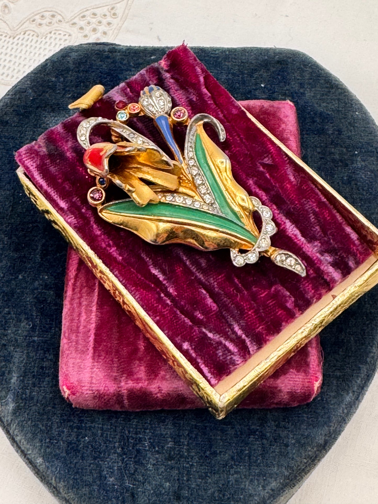 Vintage Art Deco Style Floral Brooch Gold Tone Enamel Rhinestone 2.7”