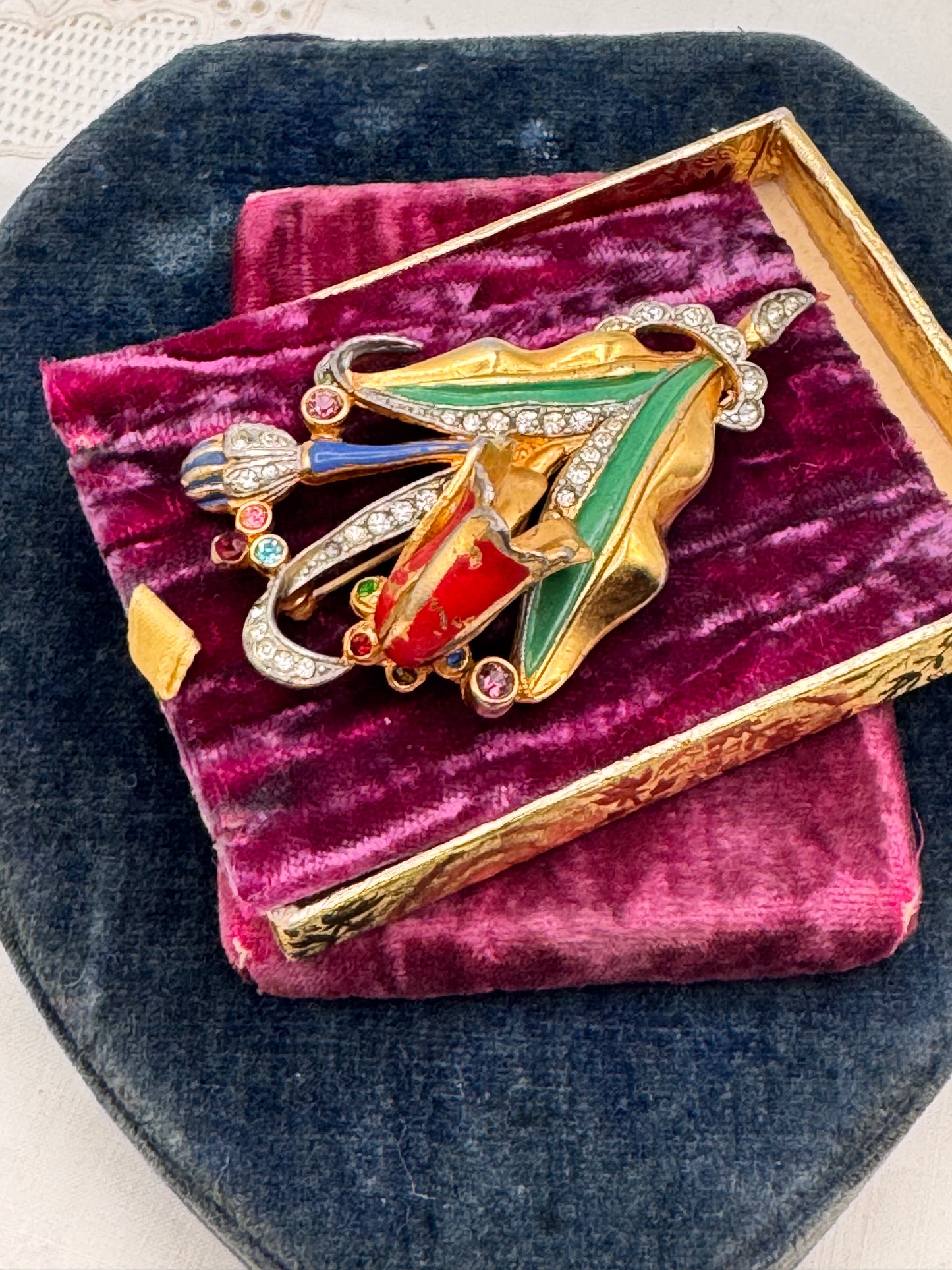 Vintage Art Deco Style Floral Brooch Gold Tone Enamel Rhinestone 2.7”