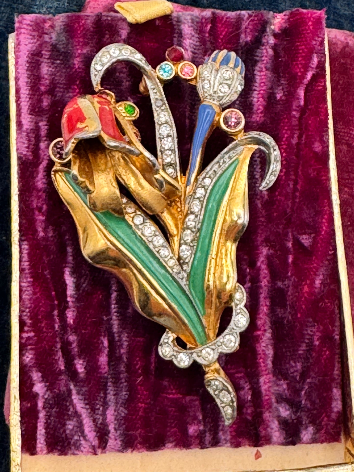 Vintage Art Deco Style Floral Brooch Gold Tone Enamel Rhinestone 2.7”