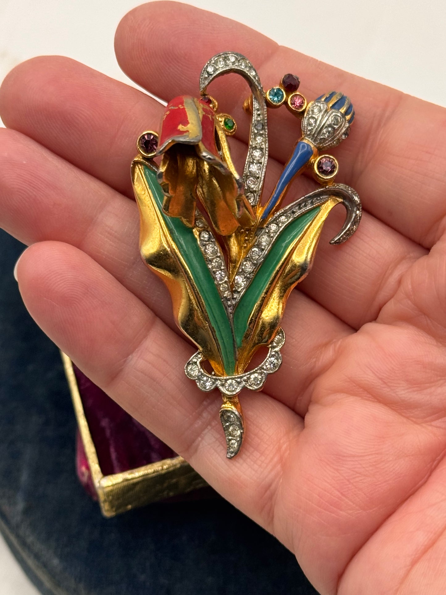 Vintage Art Deco Style Floral Brooch Gold Tone Enamel Rhinestone 2.7”