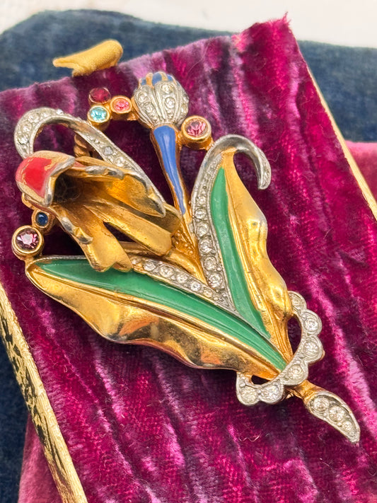 Vintage Art Deco Style Floral Brooch Gold Tone Enamel Rhinestone 2.7”