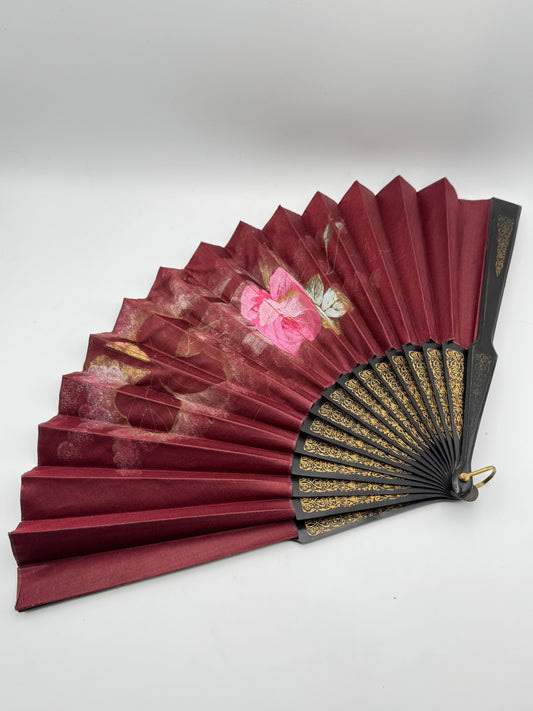 Large Vintage HAND FAN Red Satin Black Wood Rose Design Hand Painted 12.5 X 24”