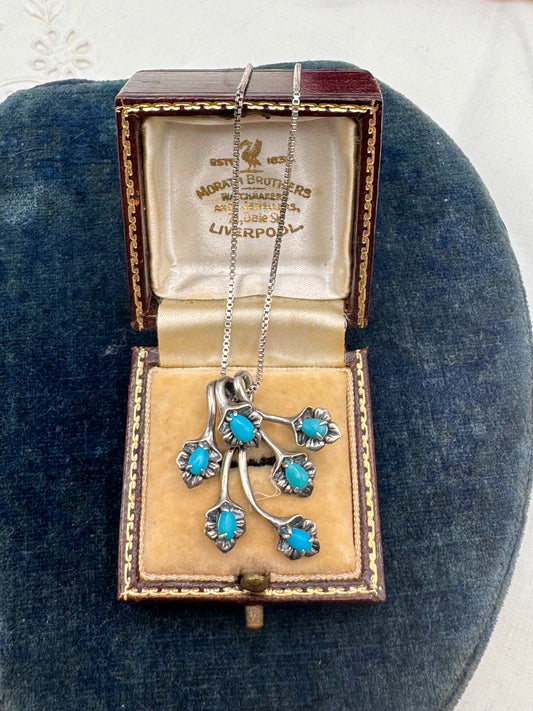 DK 925 Turquoise Branch Pendant Necklace With Italian Sterling Box Chain 19.5”