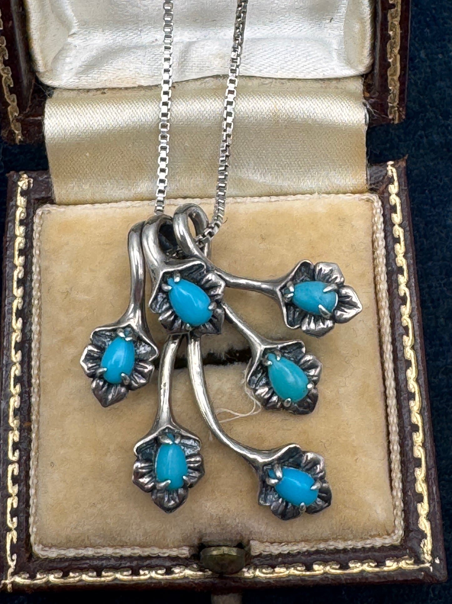 DK 925 Turquoise Branch Pendant Necklace With Italian Sterling Box Chain 19.5”