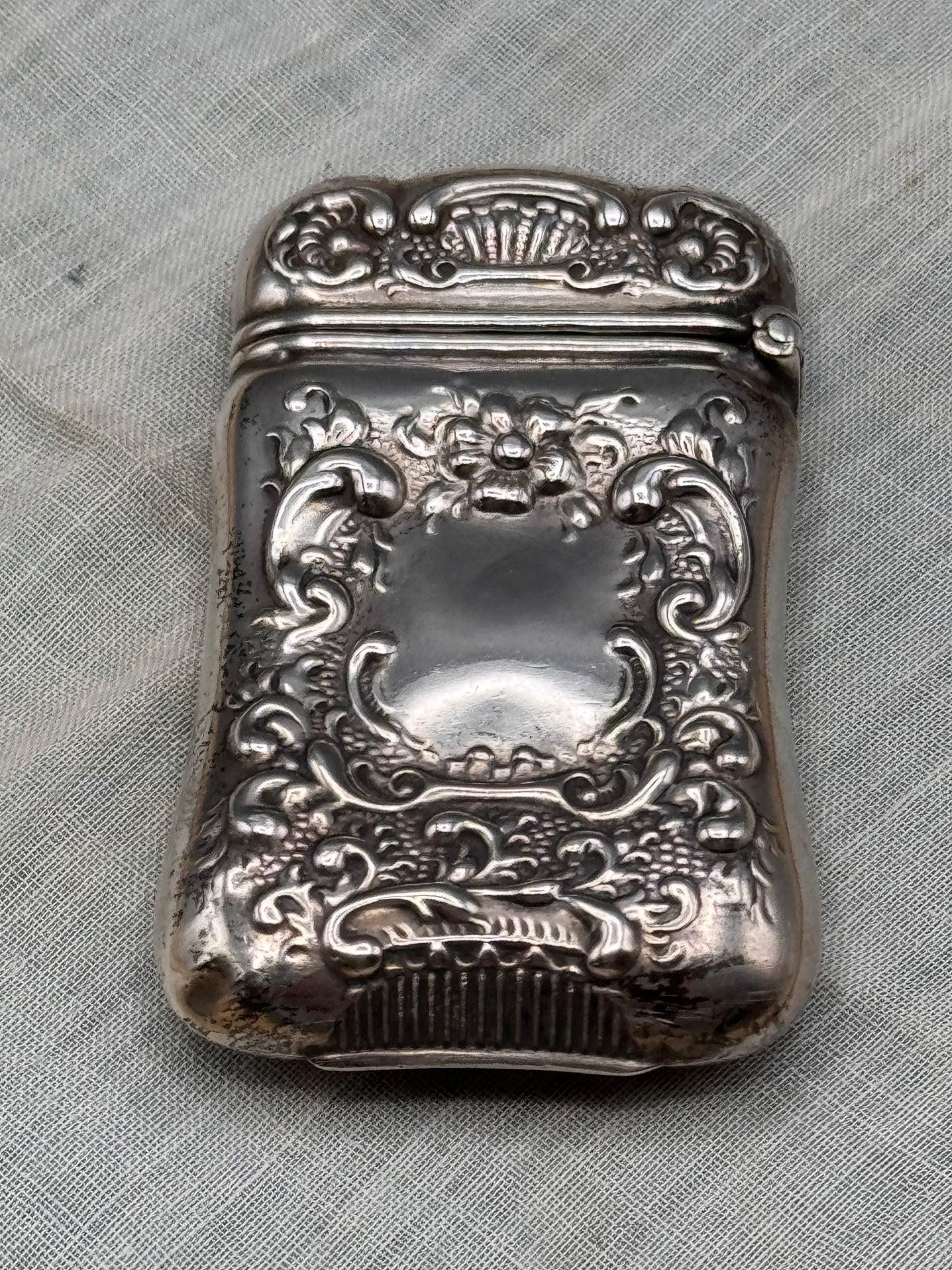 Antique Sterling Repousse Vesta Case Match Safe Floral Scrollwork 2.25”