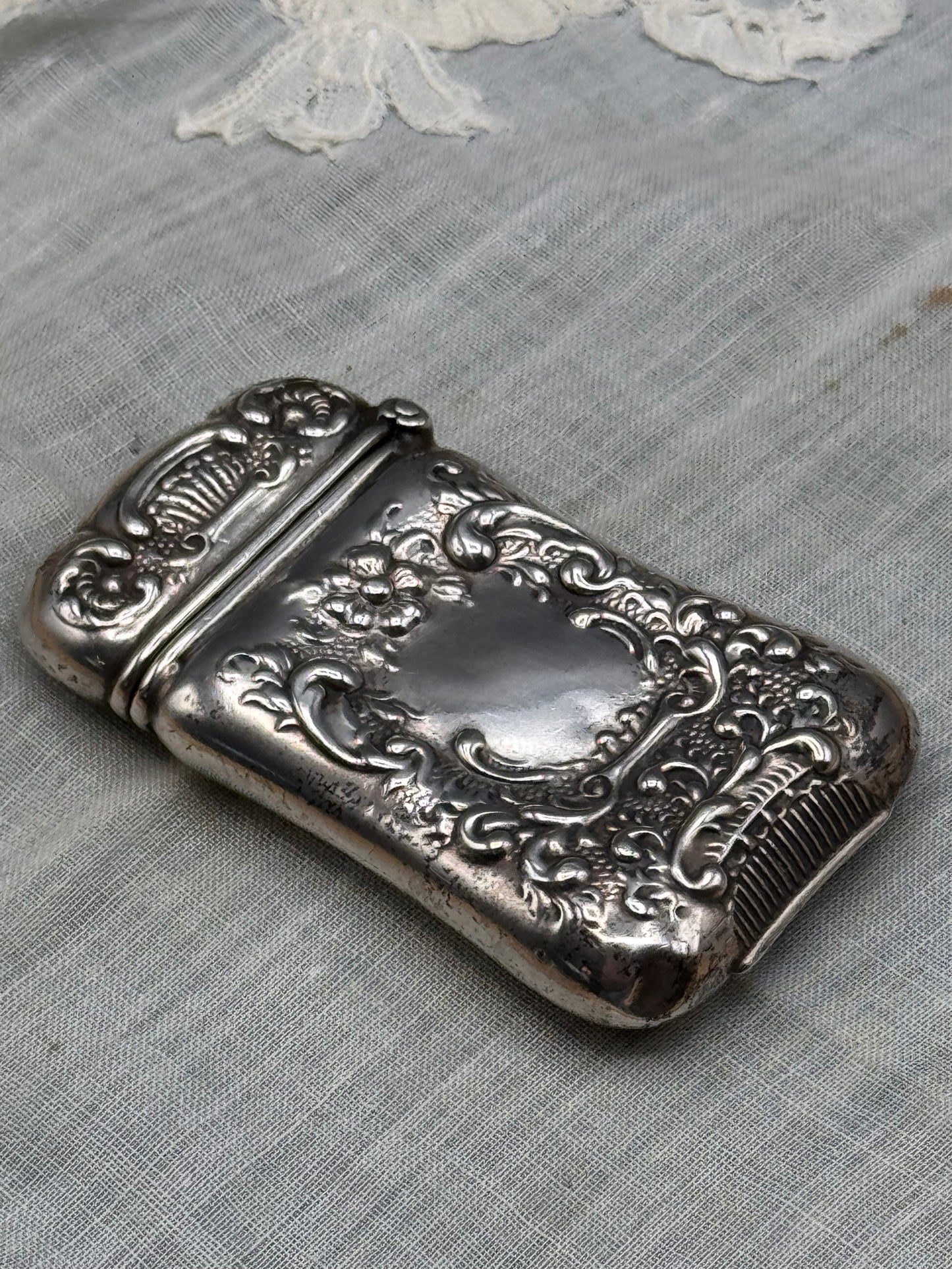 Antique Sterling Repousse Vesta Case Match Safe Floral Scrollwork 2.25”