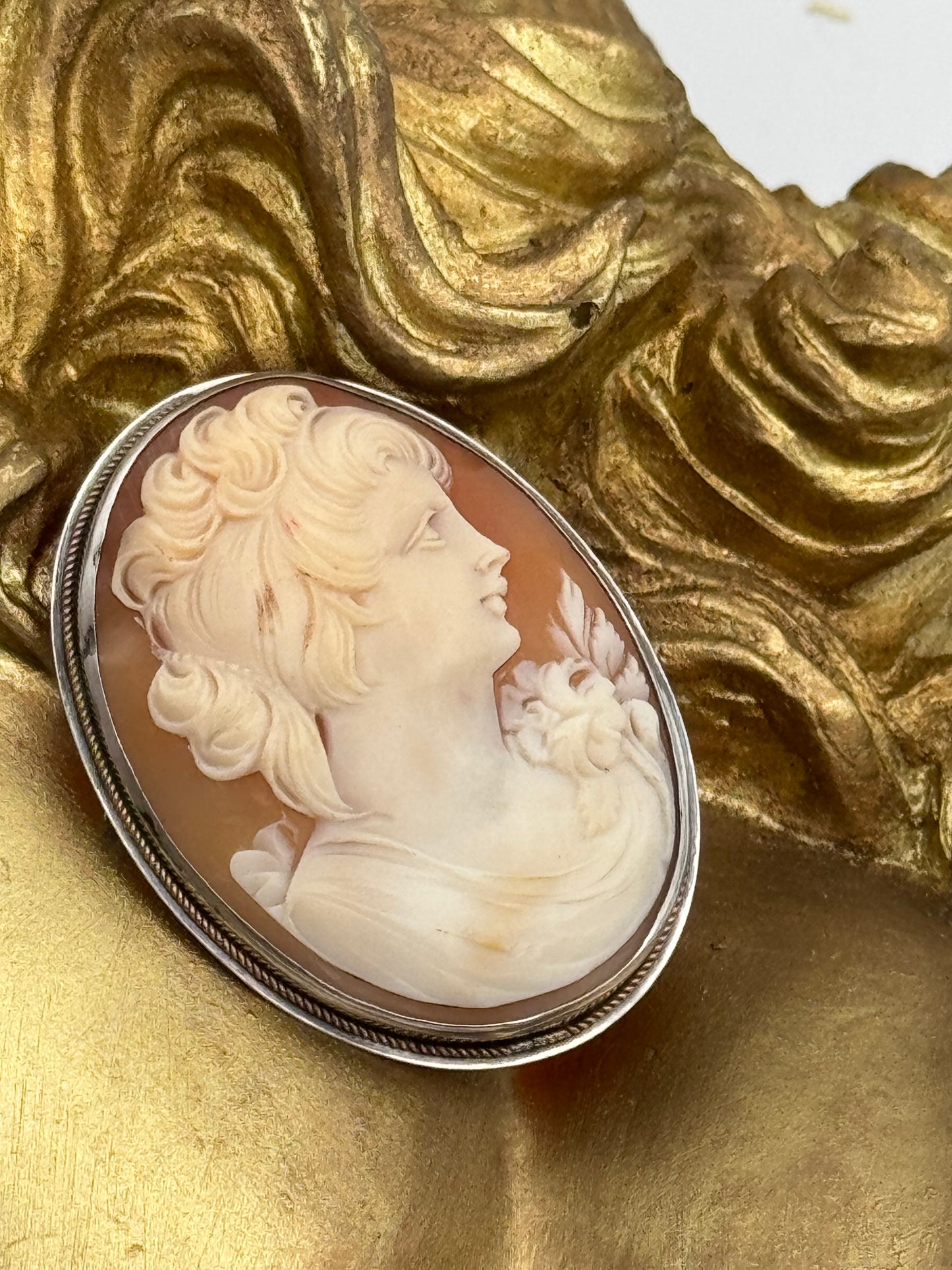 Vintage Sterling Silver She’ll Carved Cameo Brooch Pendant