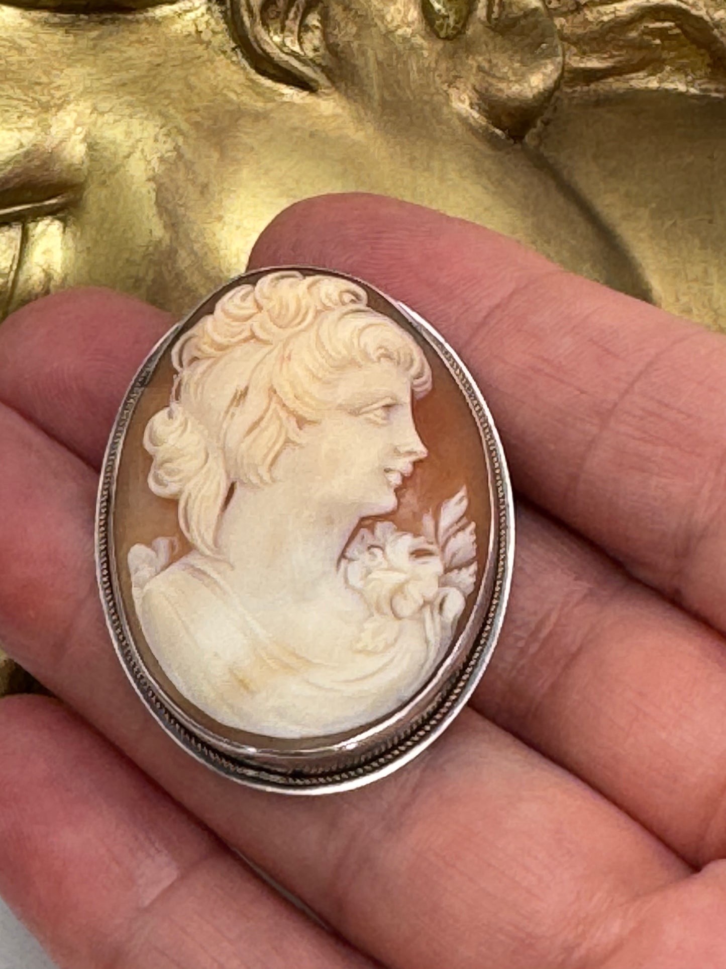 Vintage Sterling Silver She’ll Carved Cameo Brooch Pendant