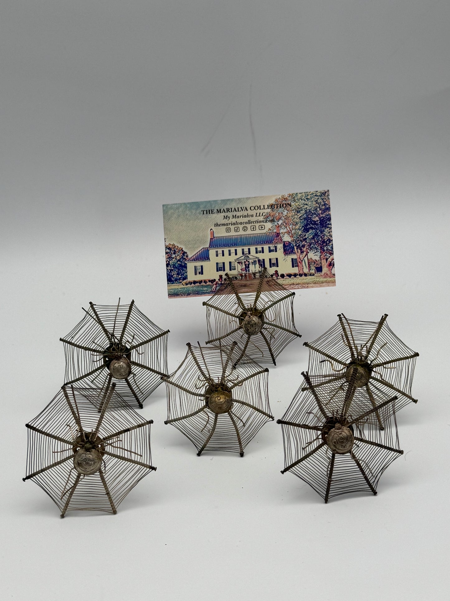Vintage Antique Set of 6 Silver Spiderweb Place Card Holders – Circa Early 20th Century – Unique Table Decor (SET-C)