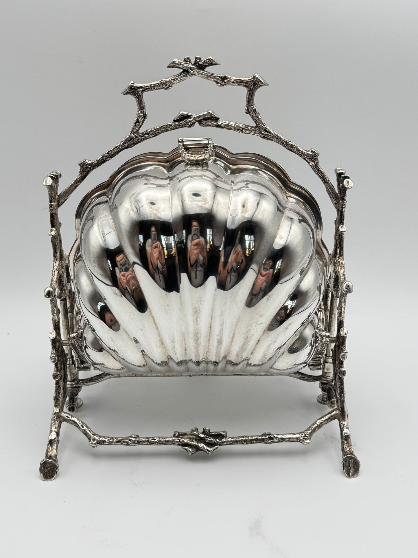 SOLD OUT via Message ONLY Victorian Folding Silver Plate Biscuit Box – Fenton Brothers Ltd. Sheffield c.1890–1900 Branch & Shell Design