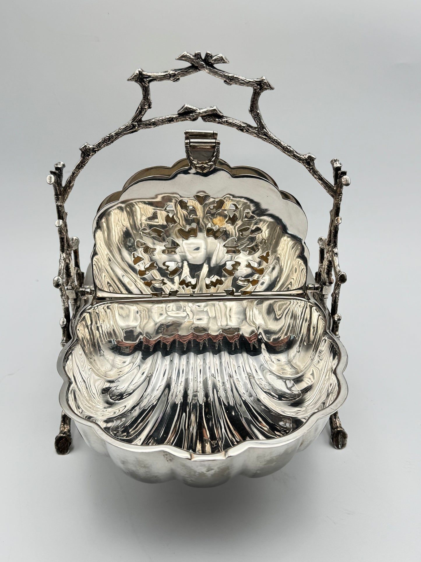 SOLD OUT via Message ONLY Victorian Folding Silver Plate Biscuit Box – Fenton Brothers Ltd. Sheffield c.1890–1900 Branch & Shell Design