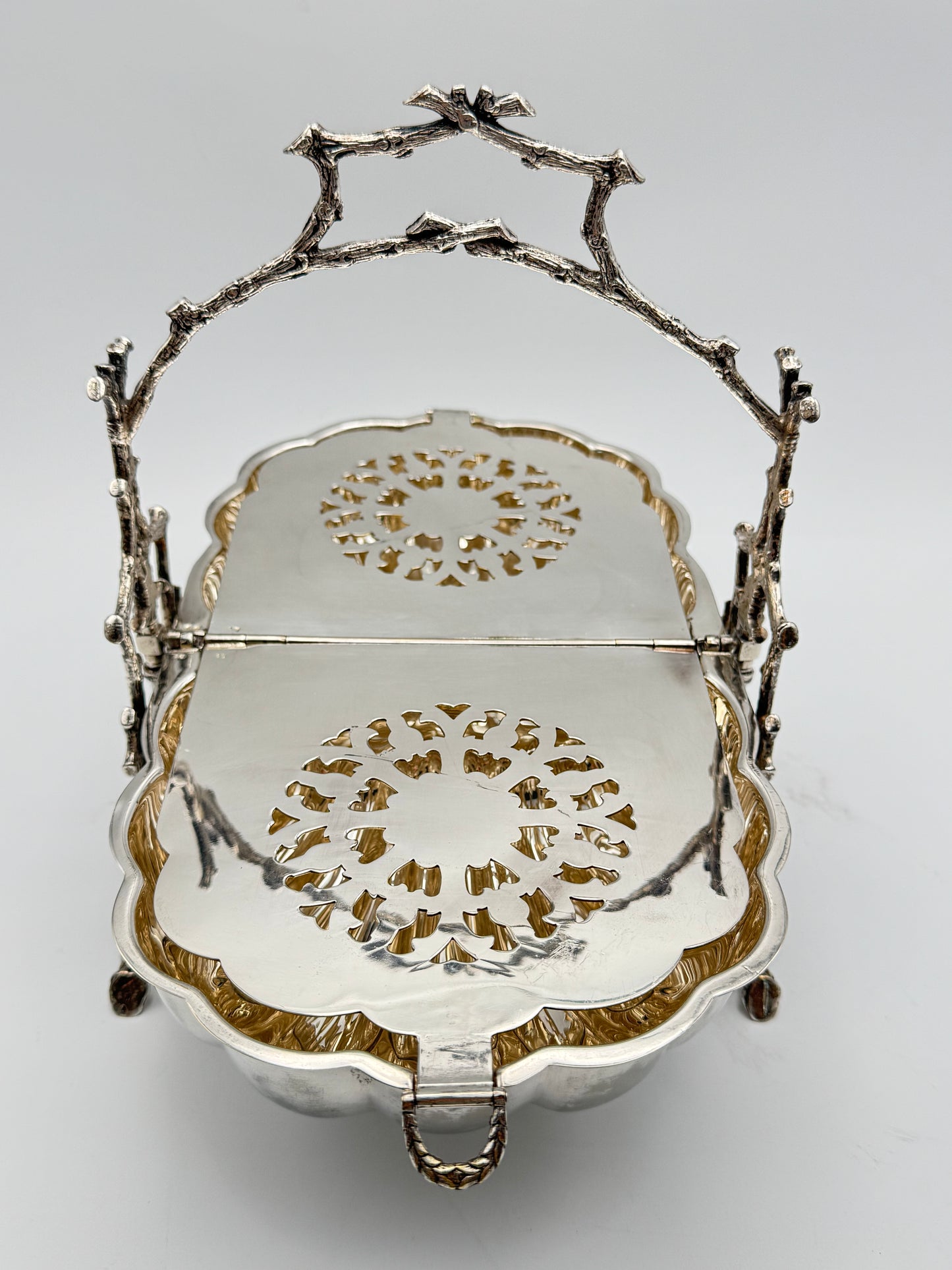 SOLD OUT via Message ONLY Victorian Folding Silver Plate Biscuit Box – Fenton Brothers Ltd. Sheffield c.1890–1900 Branch & Shell Design