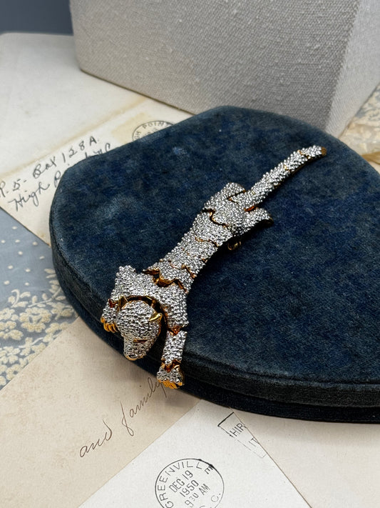 Vintage Articulated Panther Shoulder Brooch Silver Gold-tone Rhinestone Cat 5.75”