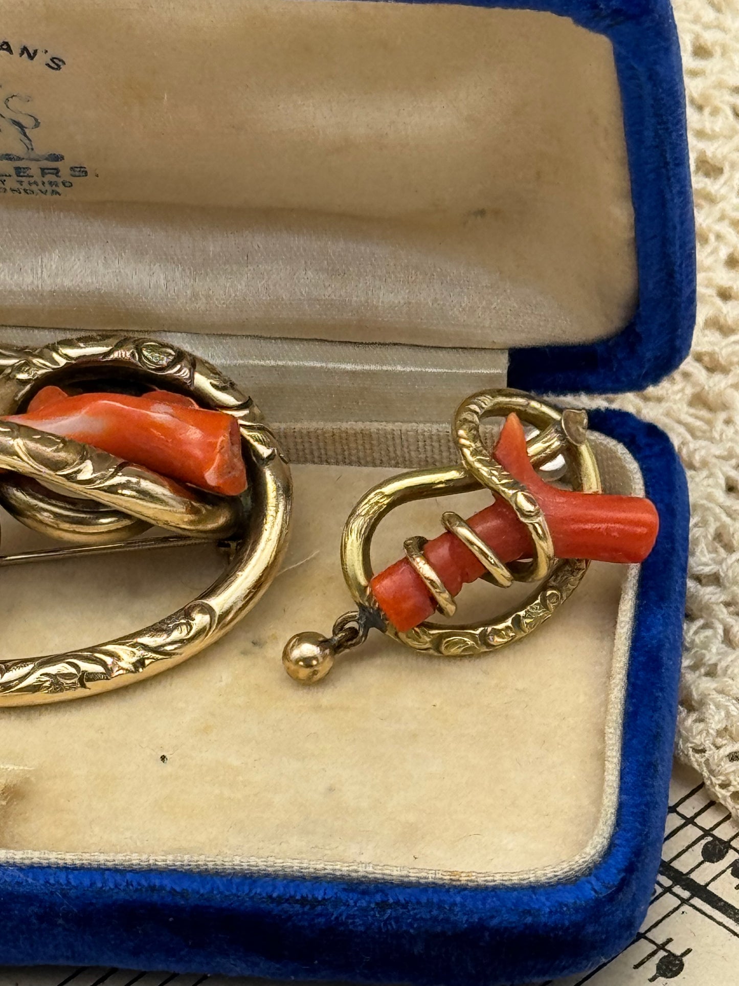 Victorian Gold Filled Coral Branch Brooch & Earring Set – Antique Conversion Post Earrings – c.1860-1880