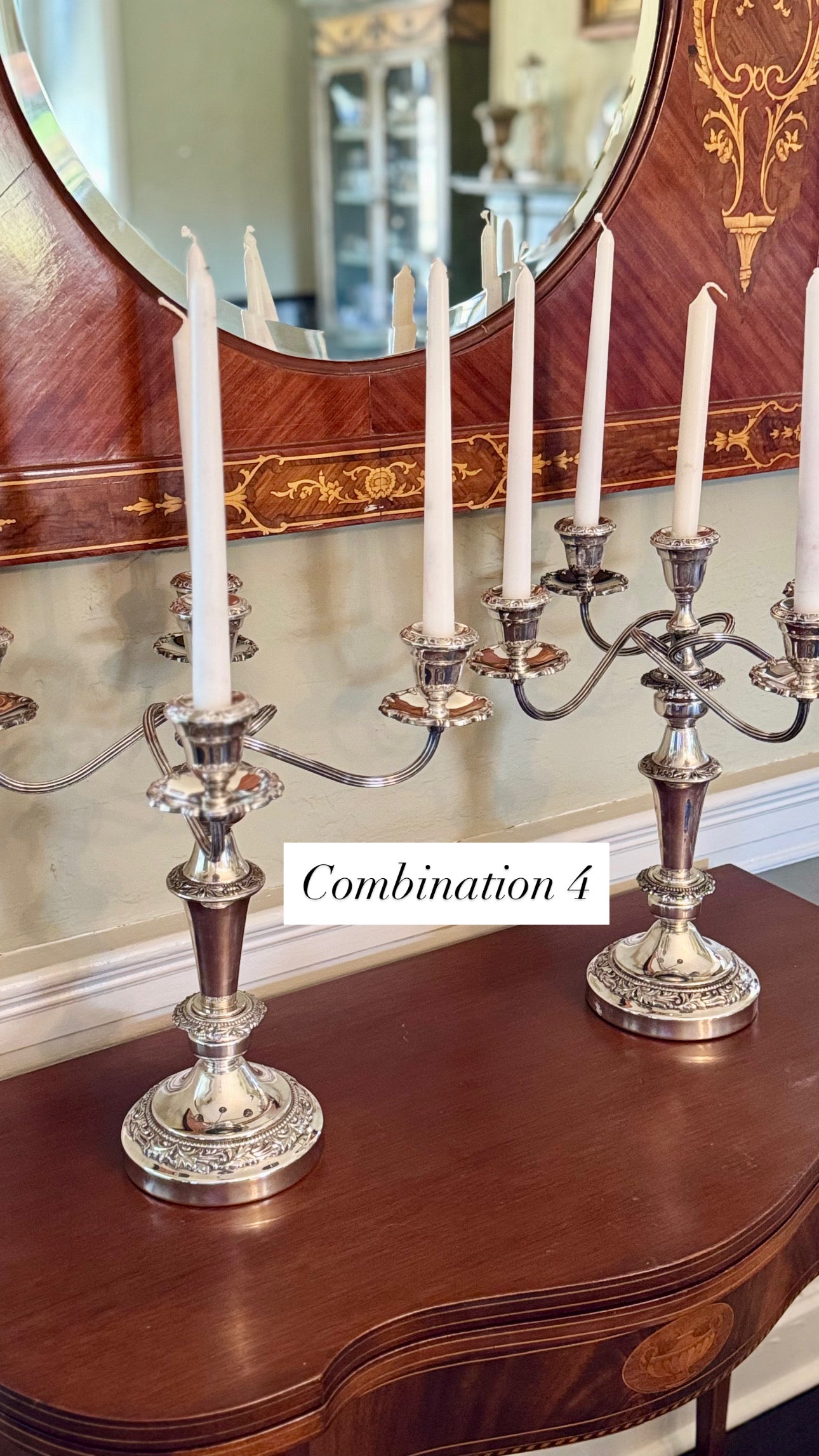 Pair of Vintage Silver Plate Convertible 3/5 Light Topper Candelabra – 6 Display Combinations