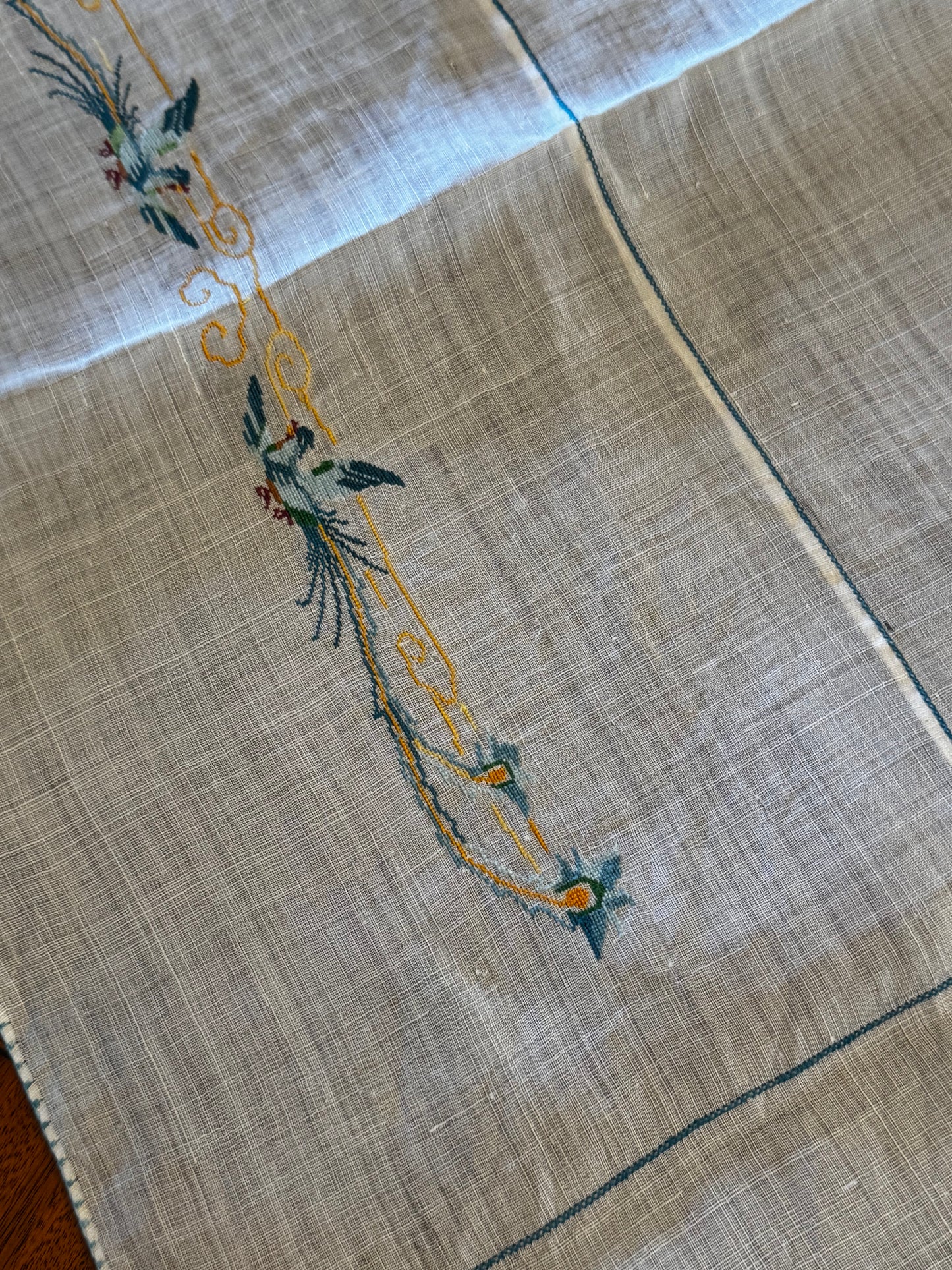 Vintage Linen Table Topper Pair Phoenix Bird Motif Embroidered Chinoiserie Style