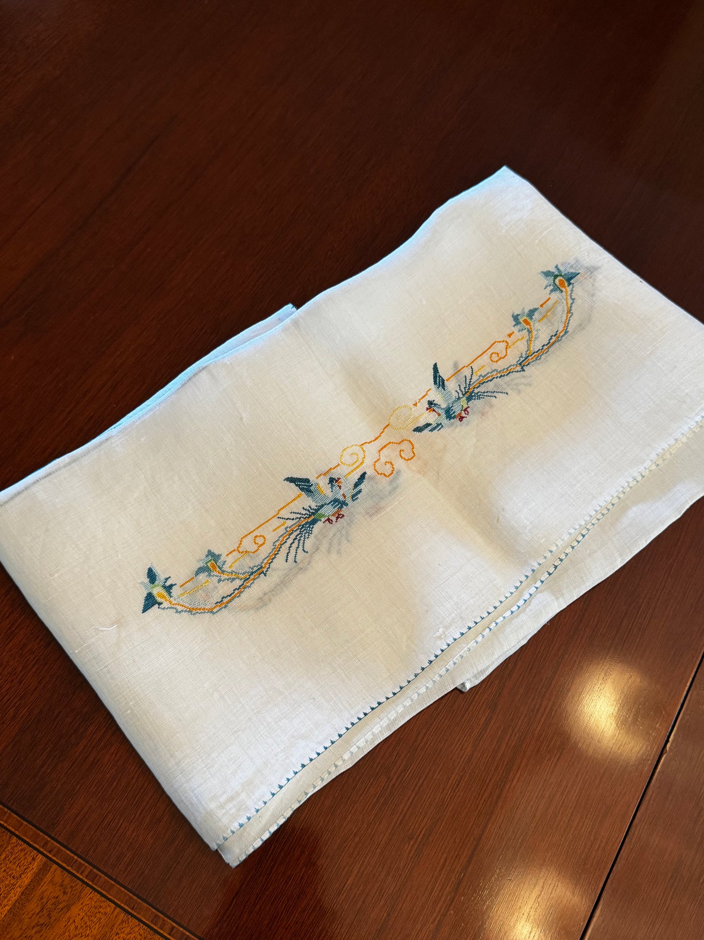 Vintage Linen Table Topper Pair Phoenix Bird Motif Embroidered Chinoiserie Style