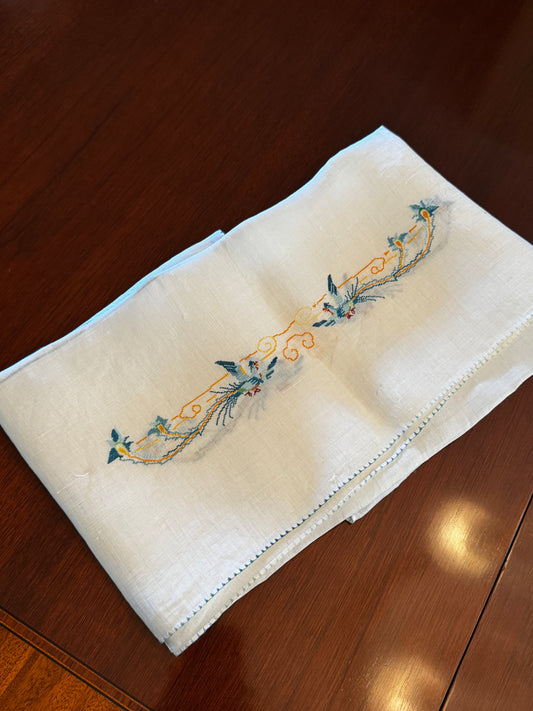 Vintage Linen Table Topper Pair Phoenix Bird Motif Embroidered Chinoiserie Style