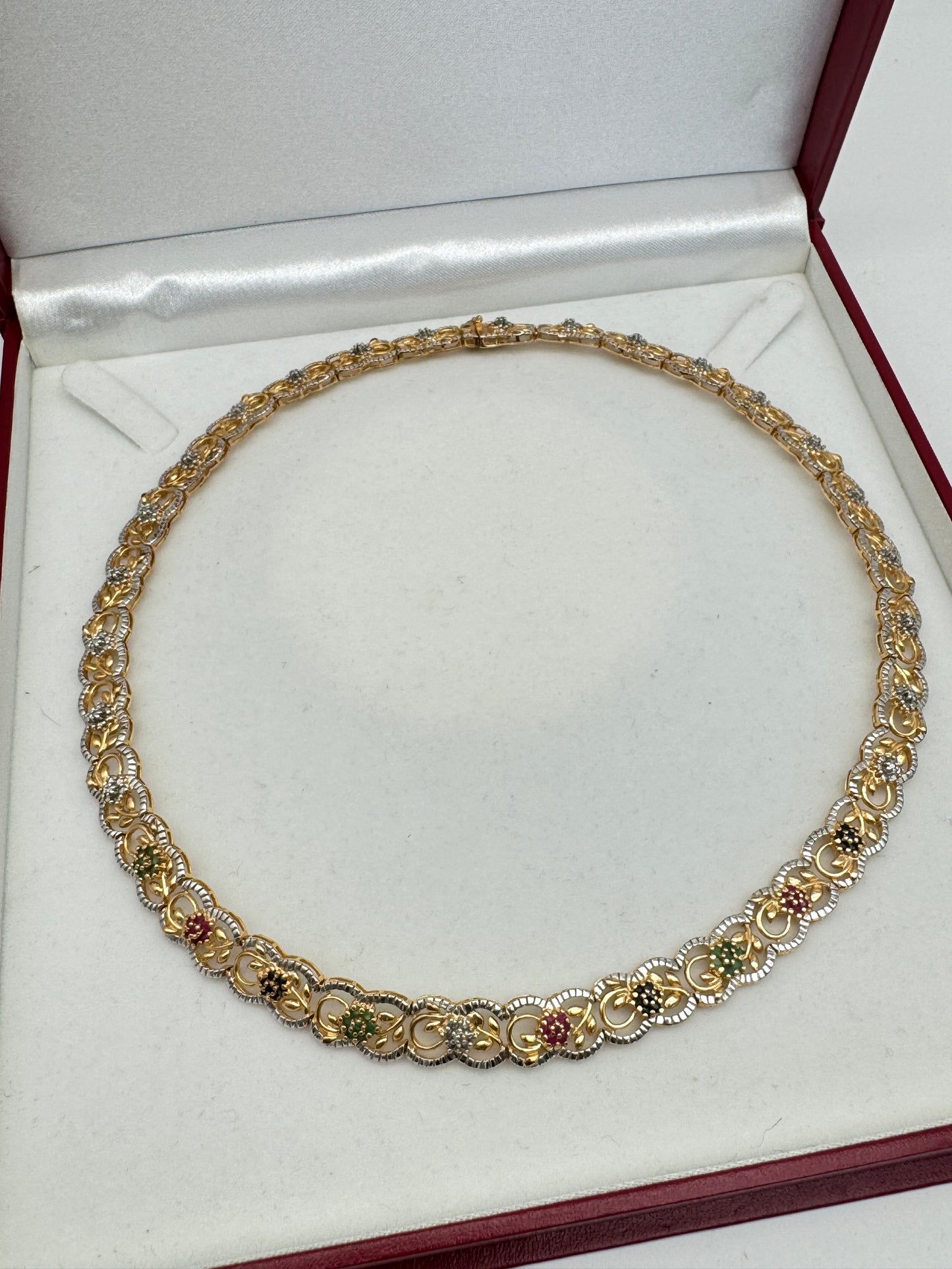 Yellow Gold Plate 925 Sterling Silver Multi Stone Flower Collar Necklace